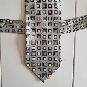 Black And Silver Geometric Woven Squares 100% Silk Tie Insignia By Martin Wong